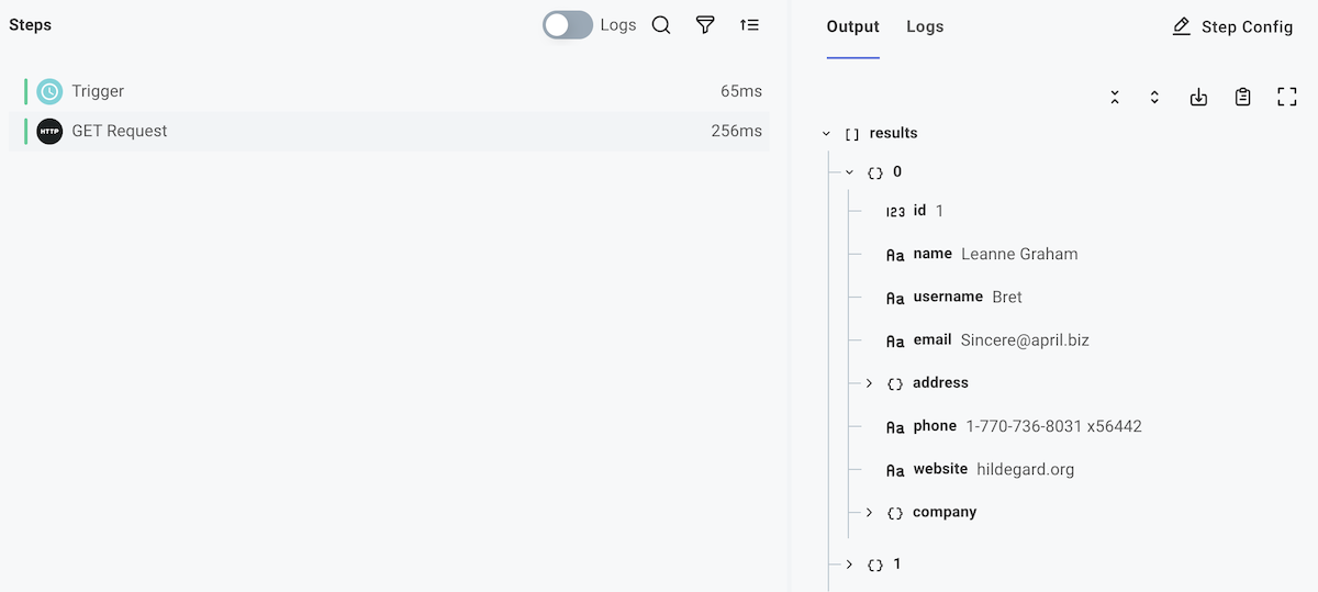 HTTP GET step results
